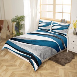 Blue Grey Stripe Bedding Duvet Cover Set Double Geometry Bedding Set for Kids Boys Girls Decor Geometric Comforter Cover Set Microfiber Modern Striped Art Bedspread Cover