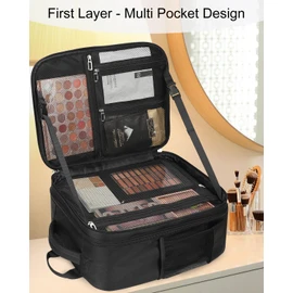 Makeup Backpack Professional Cosmetic Artist Bag Extra Large Travel Train Case Storage Organizer Double-Layer Cosmetic Case with 8 Pouch &Adjustable Divider (Black)