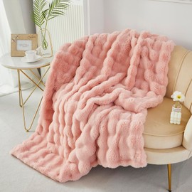 YOU SA Decorative Soft Fuzzy Faux Fur Throw Blanket for Couch Sofa 63''x79'', Reversible Plush Warm Fluffy Blanket for Bed Chair,Cute Cozy Thick Bubble Furry Blanket for Girls Women,Blush Pink