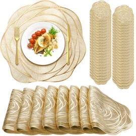 Sieral Round Pressed Vinyl Placemats Rose Gold Placemat Set Metallic Place Mat Coaster Including and Coasters Slip Resistant Table Mats for Dining Kitchen Decor (96 Pcs), 15 x inches/ 38 cm