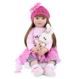 Angelbaby Adorable Reborn Toddler Doll Soft Body Real Life Long Hair Princess Hair, 24inch Handmade Silicone Reborn Baby Doll Sets and Doll Clothes (Pink -2006)
