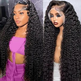 LAPIALA 32 Inch Wet and Wavy Deep Wave Lace Front Wigs Human Hair 13x4 HD Transparent Lace Front Wigs 180 Density Deep Wave Wig Pre Plucked Glueless Curly Human Hair Wig for Women