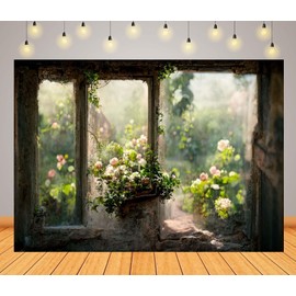 CORFOTO 8x6ft Fabric Oil Painting Flower Window Background Village Garden Landscape Spring Floral Painting Decors Girl Woman Portrait Photoshoot Props
