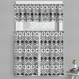 Ambesonne Tribal Valance & Tier Curtain 3 pcs Set, Black and White Hand-Drawn Tribal Sketched Mexican Aztec and Zigzags, Window Treatments for Kitchen Room Decor, 55" x 36", Black and White