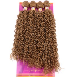 ZHENLISI Highlight Honey Blonde Afro Kinky Curly Synthetic Hair Weave 4 Bundles 16 18 18 20 Inches Jerry Curl Synthetic Hair Weft Extensions(Color 27)