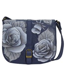 Anna by Anuschka Hand Painted Women’s Genuine Leather - Flap Crossbody - Romantic Roses Navy