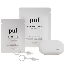 PUL Aligner Care Convenience Kit – Case + 2-in-1 Tool for Invisalign, Retainers, Partial Dentures, Mouth & Night Guards & More – White Case & 2-Pack of White Aligner Seating Chewie & Removal Tool