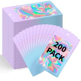 200 Pack Resealable Mylar Holographic Bags Food Storage Smell Proof Bags with Front Window Foil Packaging Pouch for Candy Sample Jewelry Small Business 4.72×7.87 Inch, Pink Fade Blue