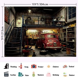 HANYING 10x7ft Vintage Garage Photo Backdrop Retro Repair Shop Classic Car Photographic Background Car Theme Mechanic Party Decor for Kids Children Portrait Party Photo Studio Props HY051DX