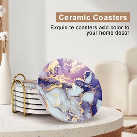 Purple Agate Coasters with Holder Absorbent Drink Coaster Set of 6 Modern Marble Coasters Unique Coasters for Coffee Table Kitchen Geode Decor Gift Women Cup Cool Bar Coasters Cute Ceramic Coasters