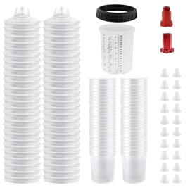 KCNKCN Disposable Paint Spray Gun Cup Liners & Lid System, 50 Standard 27 Ounce (800ml) Kit - 190 Mic- 50 Cup Liners, 50 Lids with Strainer, 1 Hard Cup with Retainer Ring 20 Plugs,2 Cup Adapters
