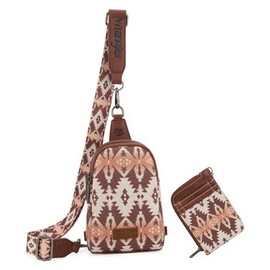 Wrangler Crossbody Bag with Card Wallet Aztec Sling Bag Purse Set WG2205-210WBDY - Color: Light Coffee
