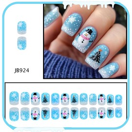 Christmas Winter Snowman Short Press on Nails Snowflake Christmas Tree Fake Nail with Cute Designs Square False Nails for Women Blue Christmas Glue on Nails Full Cover Reusable Glossy Holiday Nails