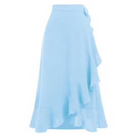 Odizli Women's Elegant High Waist Ruffle Wrap Skirt Summer Midi Long Skirt, lightblue