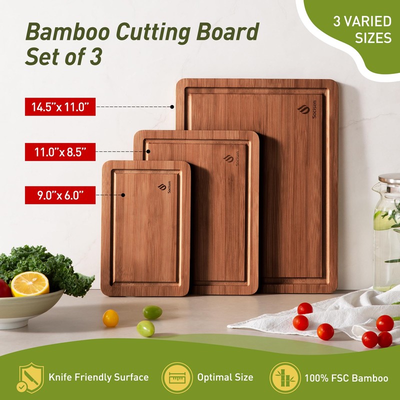 3 Packs Bamboo Cutting Board Set with Non Slip Feet