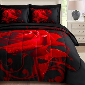 WONGS BEDDING Red Comforter Set Queen, Reversible Red Rose 7 Pieces Bed in a Bag, Lightweight Soft Microfiber Bedding Sets with Comforter, Flat Sheet, Fitted Sheet, Pillowcases & Shams