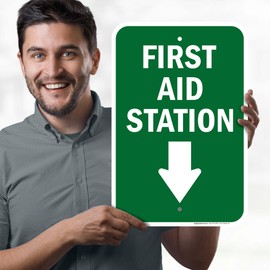 First Aid Station With Down Arrow Sign, 12x18 Inches, Rust Free .063 Aluminum, Fade Resistant, Made in USA by My Sign Center