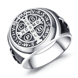 Odinstone Sterling Silver St Benedict Ring, Saint Benedict Exorcism Ring Catholic Roman Cross Protection Amulet Gifts for Men Size#7-13, 11, Sterling Silver, No Gemstone