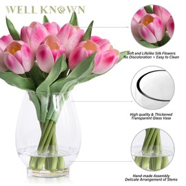 WELL KNOWN 12 Pcs Fake Tulips Artificial Pink Flowers in Vase with Faux Water, Real Touch Foam Tulips Arrangements with Vase for Home Office Decor, Dining Table Wedding Centerpiece (Fuchsia)
