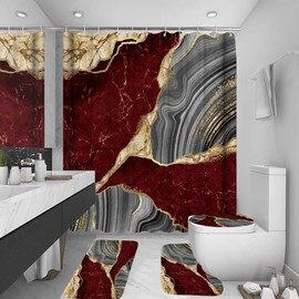 beifivcl 4Pcs Marble Shower Curtain Sets, Bathroom Decor Sets, Luxury Shower Curtain with 12 Hooks, Bath Mat, Toilet Lid Rug and Non-Slip U Shape Mat Accessories Marble Print, 72 x 72 Inch, Red