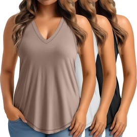 Ficerd 3 Pack Plus Size Women's Tank Top Deep V Neck Summer Shirt Cotton Loose Fit Top Sleeveless Casual Workout Shirts(Black, White, Coffee,XX-Large)