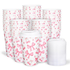 FYSUIMU 50 Pcs Bow Coquette Coffee Paper Cups Pink Cherry Bowknot 16 Oz Disposable Cups with Lids for Hot Cold Drinks Birthday Baby Shower Bachelorette Party Supplies