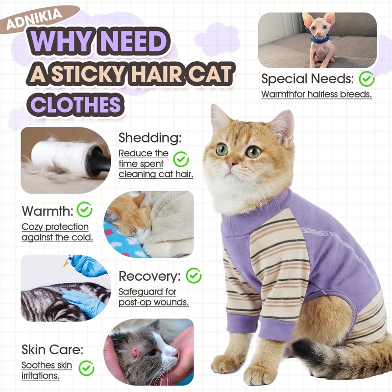 ADNIKIA Sticky Cat Clothes,Pajamas for Cats only,Soft Onesie,Purple M