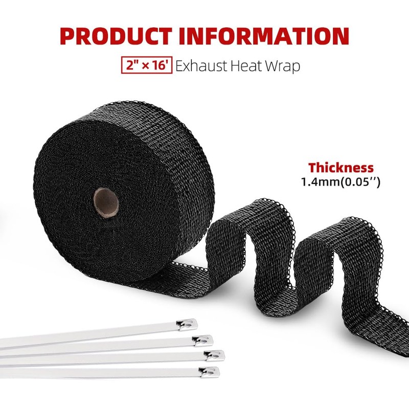 BARTOO 2" x 16' Black Exhaust Heat Wrap Roll for