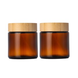 2PCS 100ml/3.4oz Amber Glass Cream Jars with Wood Lid and Inner Liners Cosmetic Container Refillable Lotion Jar Pot for Makeup Face Mask Lip Balm