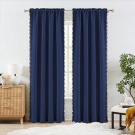 Melodieux Navy Pom Pom Curtains 84 Inches Long for Bedroom, Living Room Darkening 80% Blackout Boho Curtains, Decorative Luxury Cotton Drapes Rod Pocket for Kids Nursery, 52 by 84 in, 2 Panels