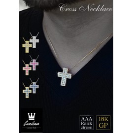 Lacris Cross Necklace, Domestic Manufacturer, Zirconia, Double, 18K Gold Plated, Gold x Pink Stone, Men's and Women's, 18K Gold GP Cross Necklace