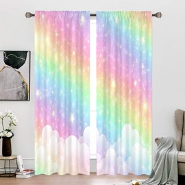 Cinbloo Rainbow Curtains 52Wx84H Inch Rod Pocket Kids Pastel Curtains Girls Cartoon Cute Colorful Sky Clouds Stars Aesthetic Art Printed Girly Princess Living Room Bedroom Window Drapes Fabric 2 Panel