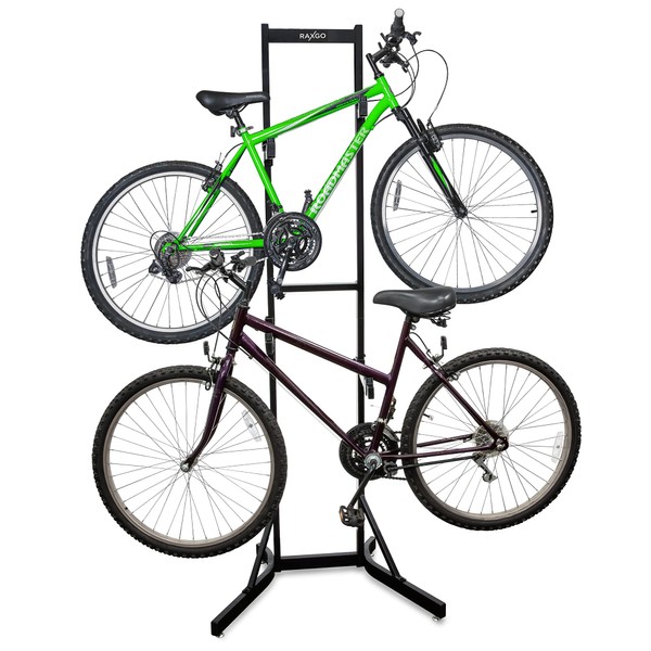 RaxGo Bike Garage Storage Rack, 2 Bicycle Garage Floor Stand, Foldable, Freestanding, Adjustable Hooks, For Mountain & Road bicycles, Universal For Indoor Use