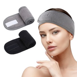 Spa Facial Headband - 2 PCS Make Up Wrap Head shower Sport Terry Cloth Headband Adjustable Stretch Towel With Magic Tape (Black+Gray)