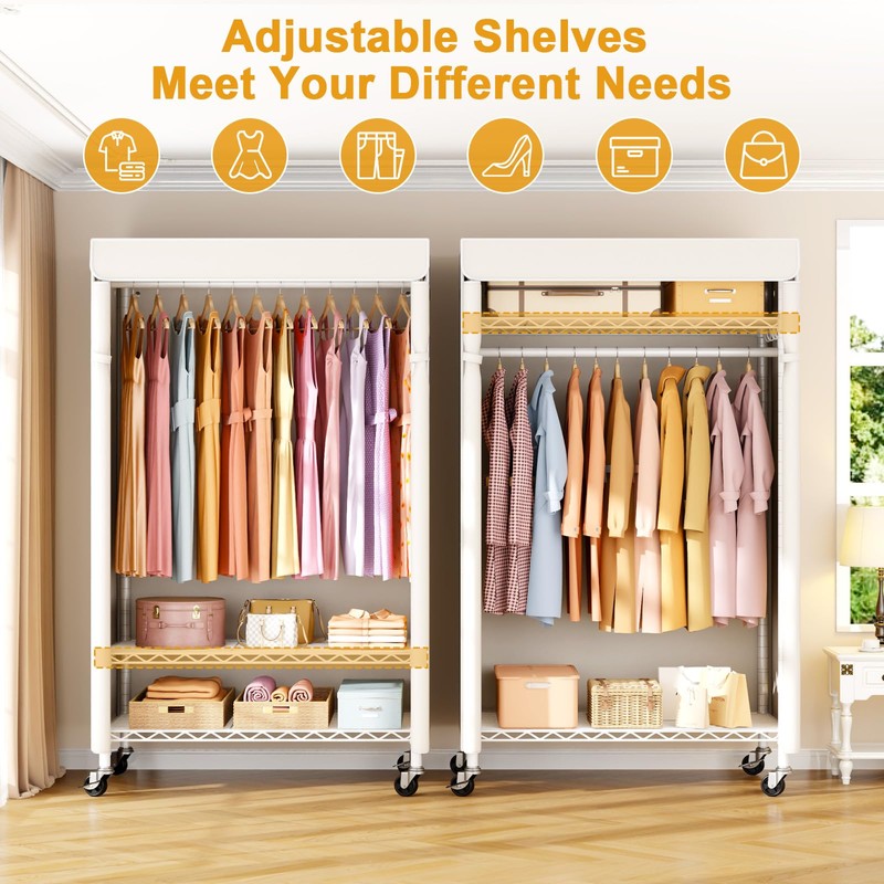 ULIFHOME P6C Rolling Clothes Rack with Cover, Covered Clothing Racks