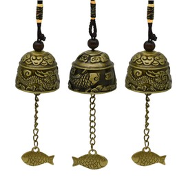 Pinenjoy 3Pcs Vintage Dragon Bell Bronze Fish Carved Feng Shui Bell Metal Hanging Temple Bell for Good Luck Bless DIY Wind Chime for Home Garden Eave Door Decoration