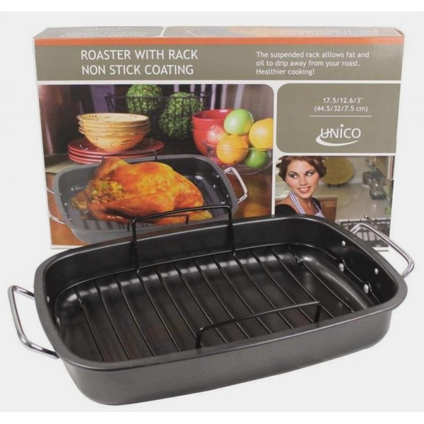 Heavy Gauge, Carbonized Steel, Commercial Kitchen Grade Non-Stick Roaster with Floating Rack for 22 lb Turkey by EuroHome