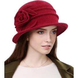 Wantonfy Women's Fishing Hats Winter Hat Warm Baret Hat French Style Vintage 1920s Vintage Bowler Wool Winter Hat, red