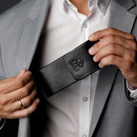 Time Resistance Leather Glasses Case - Hard Shell Leather Glasses Case - Made in Italy (Black)