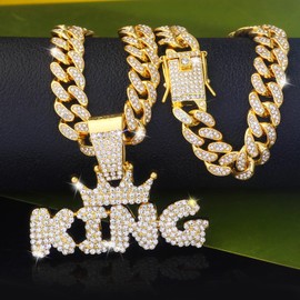 GuoShuang Cuban Link Chain for Men Women with Pendant,miami Ice Out Diamond Cuban Link Necklace Hip Hop Jewelry (KING-Gold)