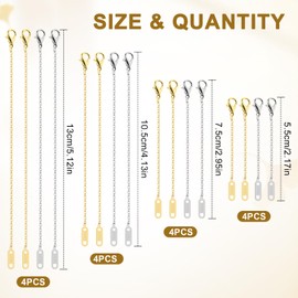 TAIHOBO Necklace Extender Gold Silver, 16PCS Stainless Steel Necklace Extender Silver Gold, 2"/3"/4"/5" Removable Gold Necklace Extender, Lobster Clasps Chain Extender for Necklace for Bracelet Making