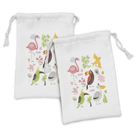Ambesonne Birds Fabric Pouch Set of 2, Tropical Themed Exotic Birds Alluring Keel-Billed Toucan Pinky Flamingo and Pelican, Small Drawstring Bag for Toiletries Masks and Favors, 9" x 6", Multicolor