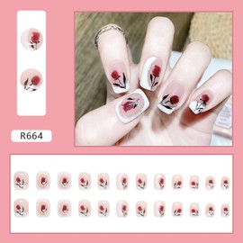 24Pcs Full Cover Reusable False Nails Kits, Glue on Nails Coffin Shape, Press on Finger Nails with Designs, Stick on Nails Short Square, Artificial Fingernails Acrylic Fake Nails for Women（R664）