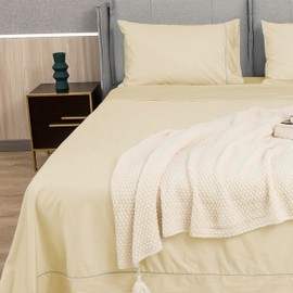 Sunflower 4 Piece Queen Sheets Deep Pocket, 100% Cotton Sheet Set, 16" Deep Pocket Queen Bed Sheets Queen, Cotton Sheets Soft&Breathable with Silver Trim, Butter Cream