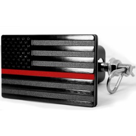 MULL USA Flag Metal Trailer Hitch Cover with Anti-Rattle Hitch Pin Bolt (Fits 2" Receivers, Black with Red line)