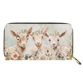 SANNOVO Goat Wallet for Women, Soft Pu Leather Satchel Purse Long Slim Wallet Clutch Bag, Zipper Around Purse Clutch Bag for Travel, Gift for Mom, Green and Beige, 20cm(L)*2.5cm(W)*12cm(H)