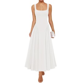 ZESICA Womens 2025 Summer Sleeveless Square Neck Sundress Casual Long Flowy A Line Knit Dress Beach Vacation Maxi Dresses,White,Small
