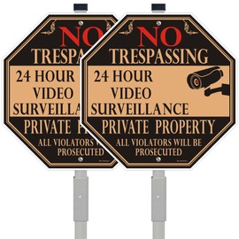 Amexiu No Trespassing Sign Private Property with 28" Alloy Long Stake - 10 x 10 Inches 24 Hour Video Surveillance Signs, Rust-Free& Fade Resistant (2 Pack)