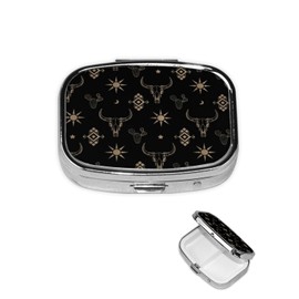 KWSAAHU KWSAAHU Metal 2 Compartment Square Pill Organizer Sealed Travel Pill Container, Mini Size Pill Box for Pocket Wallets Two Times a Day Compact Pill Case for Children, Men and Woman - Bull Skull