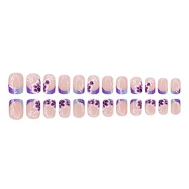 Summer Press on Nails Short Square Fake Nails with Purple Flower Designs French Tip Nails Press ons Glossy Glue on Nails Spring False Nails Nude Acrylic Nails Cute Stick on Nails for Women 24Pcs